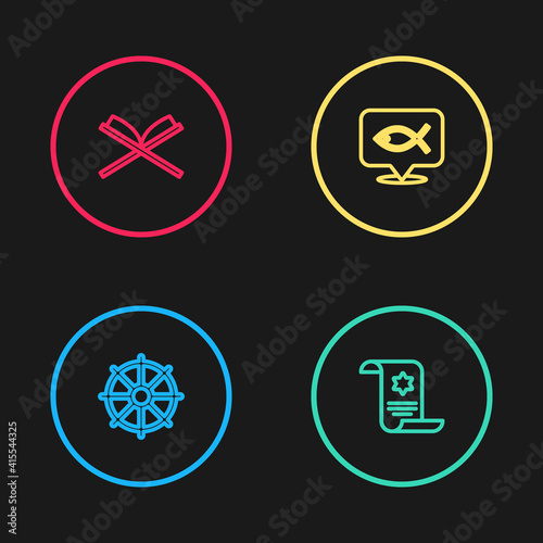 Set line Dharma wheel, Torah scroll, Christian fish and Holy book of Koran icon. Vector.