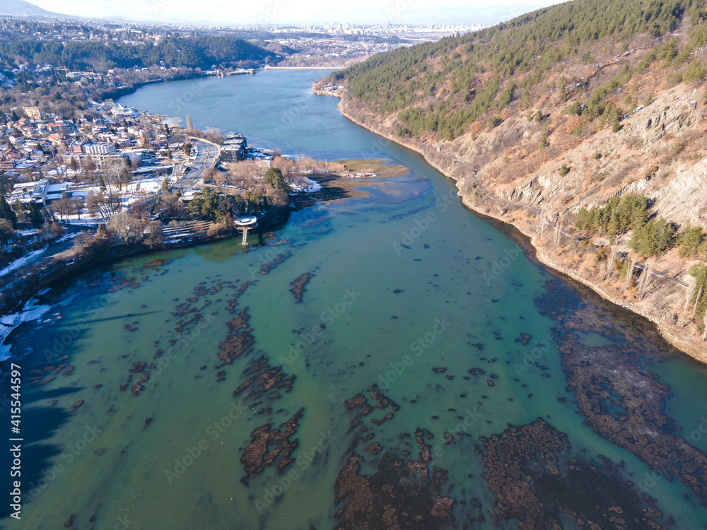 Fototapeta premium Aerial winter view of Pancharevo lake, Bulgaria