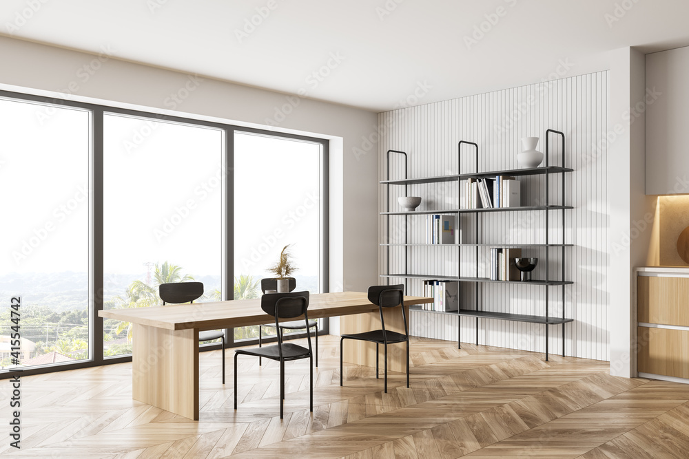 Fototapeta premium Wooden kitchen room with dining table and chairs near window, parquet floor