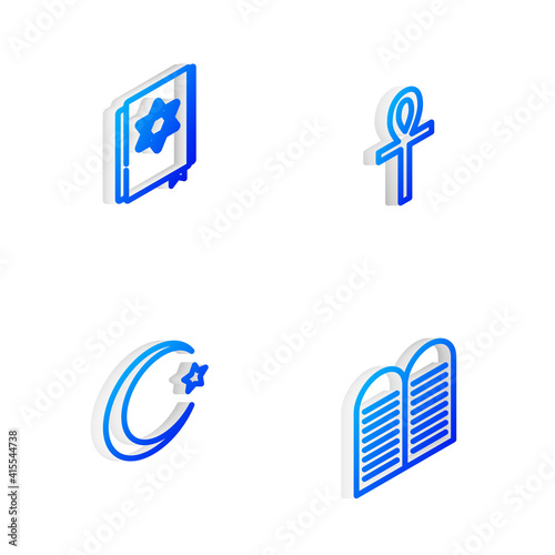 Set Isometric line Cross ankh, Jewish torah book, Star and crescent and The commandments icon. Vector.