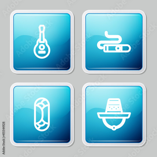 Set line Mexican guitar, Cigar, Burrito and sombrero icon. Vector.
