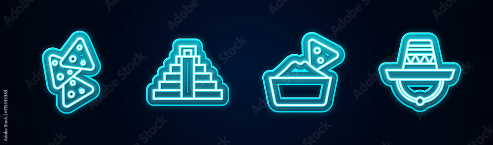 Set line Nachos, Chichen Itza in Mayan, bowl and Mexican sombrero. Glowing neon icon. Vector. Set line Nachos, Chichen Itza in Mayan, bowl and Mexican sombrero. Glowing neon icon. Vector.