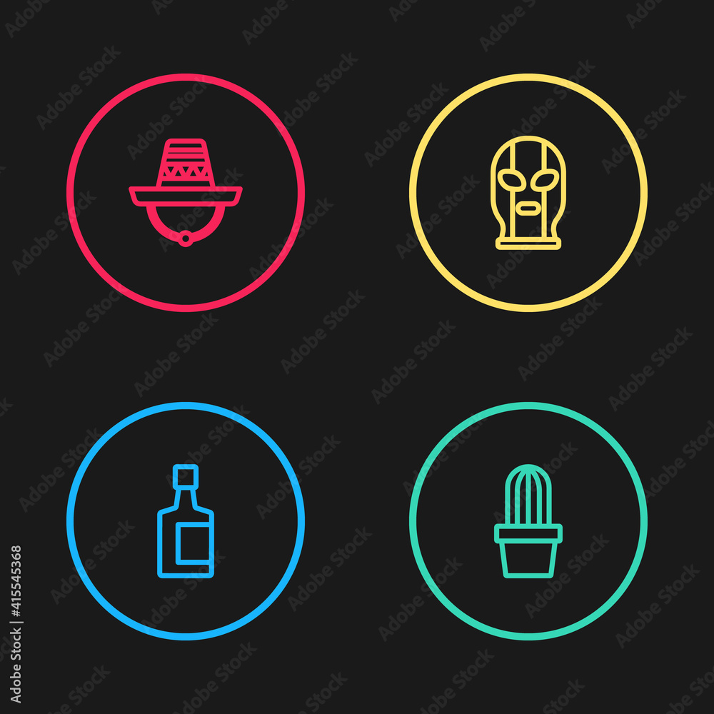 Set line Tequila bottle, Cactus or succulent in pot, Mexican wrestler and sombrero icon. Vector. Set line Tequila bottle, Cactus or succulent in pot, Mexican wrestler and sombrero icon. Vector.