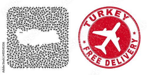 Vector mosaic Turkey map of aircraft items and grunge Free Delivery seal stamp. Mosaic geographic Turkey map designed as carved shape from rounded square shape with flying away air force symbols.
