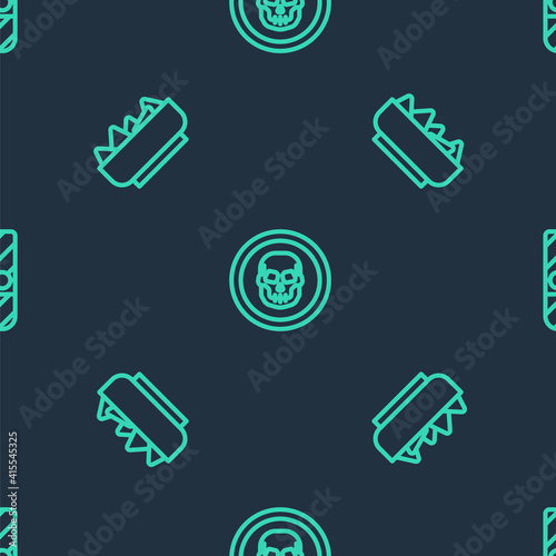 Set line Mexican skull coin, Nachos bowl and Cigar on seamless pattern. Vector.