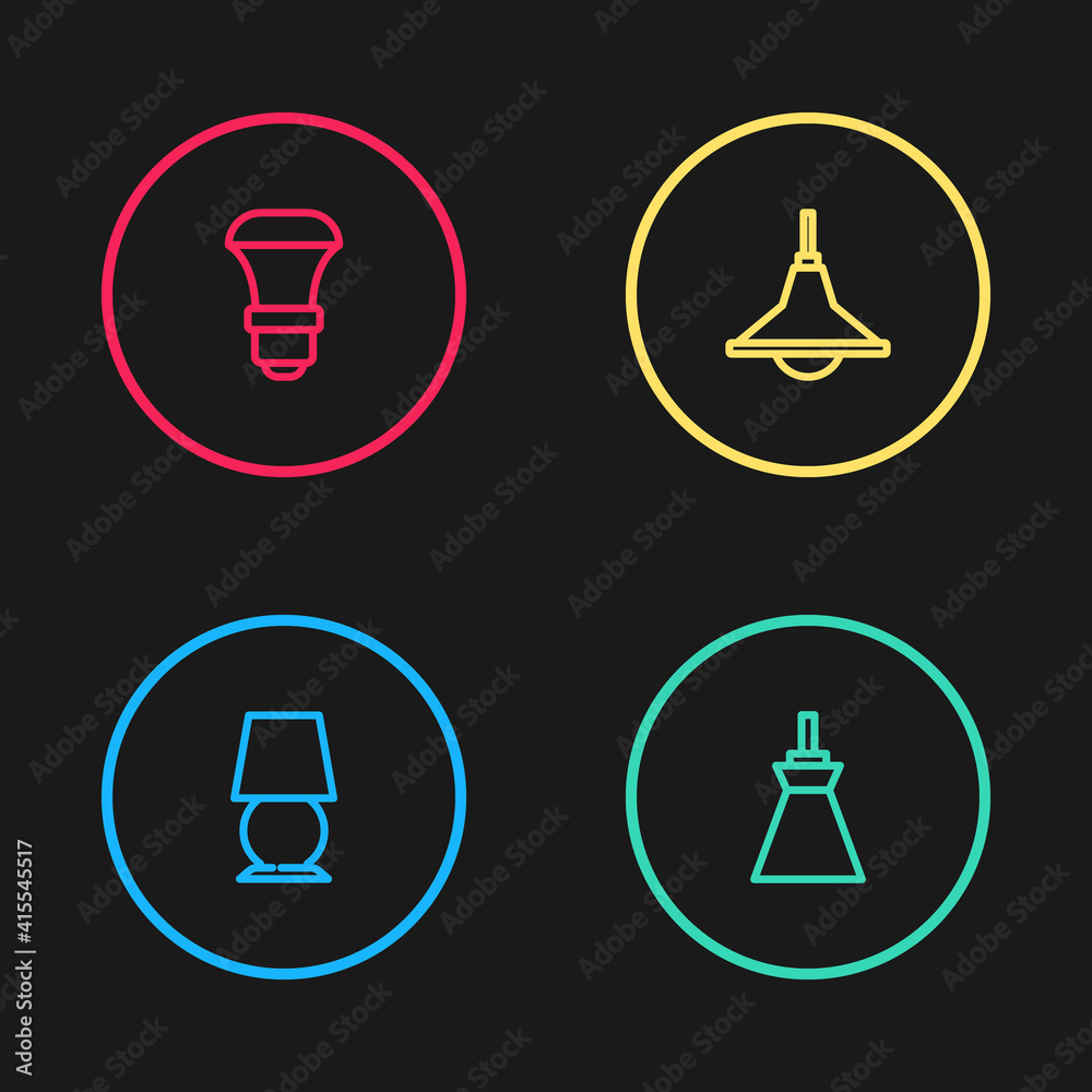 Set line Table lamp, Lamp hanging, Chandelier and LED light bulb icon. Vector. Set line Table lamp, Lamp hanging, Chandelier and LED light bulb icon. Vector.