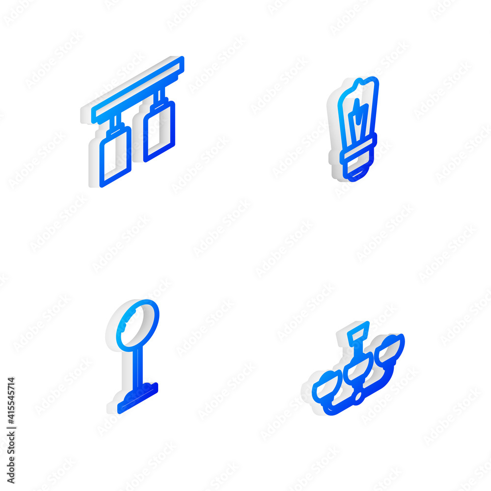 Set Isometric line Light bulb, Led track lights and lamps, Floor and Chandelier icon. Vector. Set Isometric line Light bulb, Led track lights and lamps, Floor and Chandelier icon. Vector.
