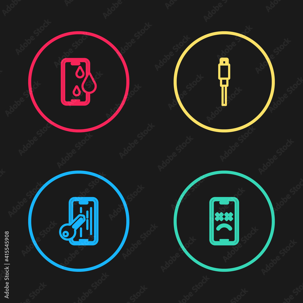 Set line Glass screen protector, Dead mobile, USB cable cord and Waterproof phone icon. Vector.