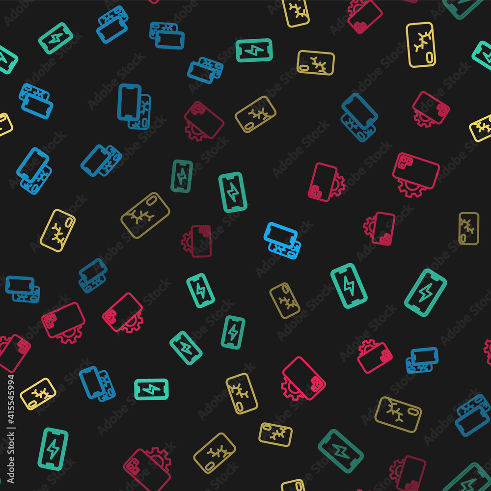 Set line Mobile with broken screen, charging battery, and Phone repair service on seamless pattern. Vector. Set line Mobile with broken screen, charging battery, and Phone repair service on seamless pattern. Vector.