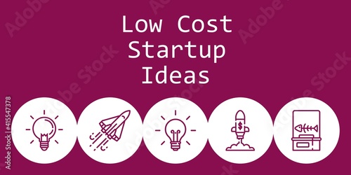low cost startup ideas background concept with low cost startup ideas icons. Icons related idea, startup, fishbone, ideas, space shuttle