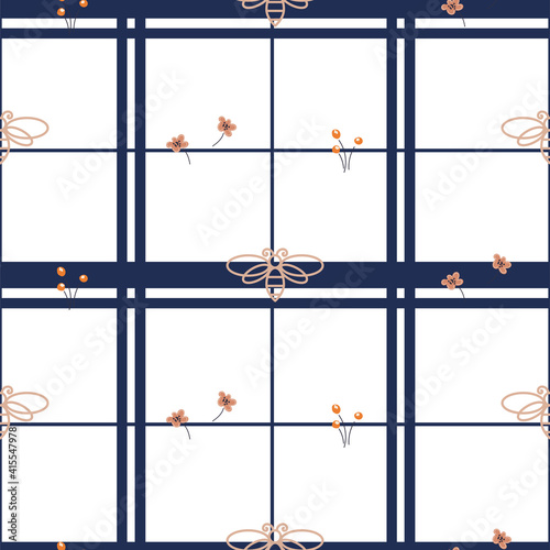 Seamless floral pattern with bees, geometric lines and small florals hand drawn style white colors. Shirt print.