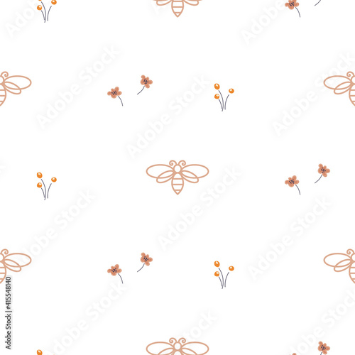 Seamless floral pattern with bees and small florals hand drawn style white colors.