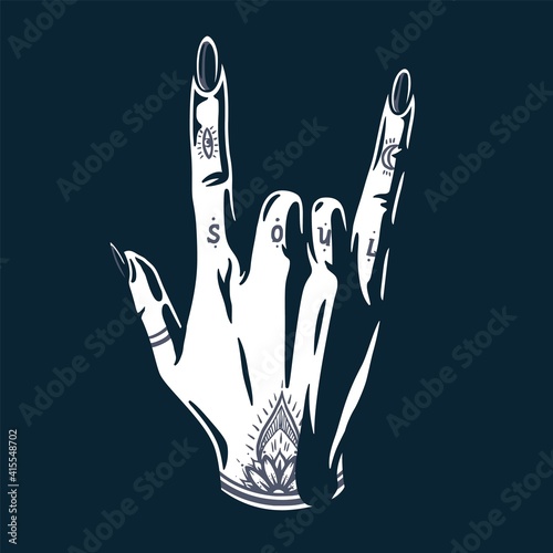 Woman wrist rock sign. Female hand with tattoo on fingers for nail bar and beauty studio. Fashion, trendy style of fingernails