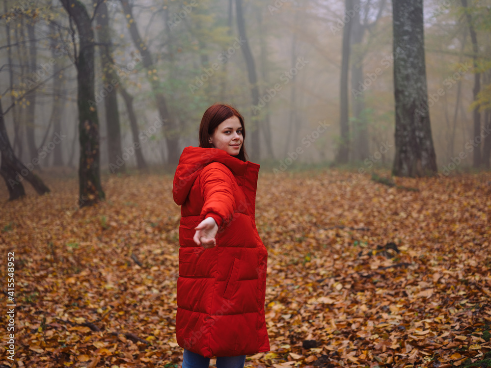 Go on a red jacket autumn walk the fog yellow leaves journey Go on a red jacket autumn walk the fog yellow leaves journey