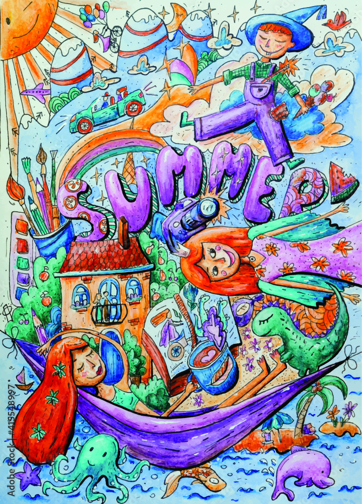 Summer, drawing, doodle, girl in a hammock, sea, mountains, paints, black pen and colored pencils Summer, drawing, doodle, girl in a hammock, sea, mountains, paints, black pen and colored pencils