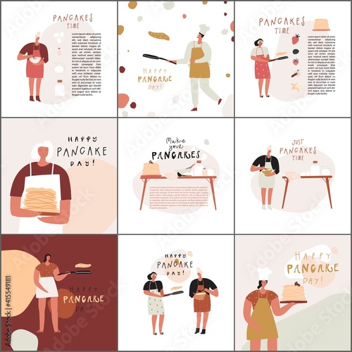 Set of cards dedicated to pancakes. Recipe sketches. Woman with frying pan. Vector template for postcard sticker print poster cook book page design