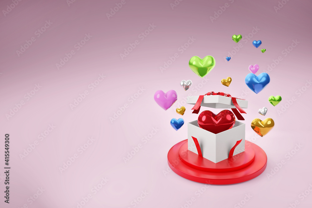 Valentine's day design. Realistic red gifts boxes. Open gift box with colorful heart. Holiday banner, web poster, flyer, stylish brochure, greeting card. 3D rendering. Valentine's day design. Realistic red gifts boxes. Open gift box with colorful heart. Holiday banner, web poster, flyer, stylish brochure, greeting card. 3D rendering.
