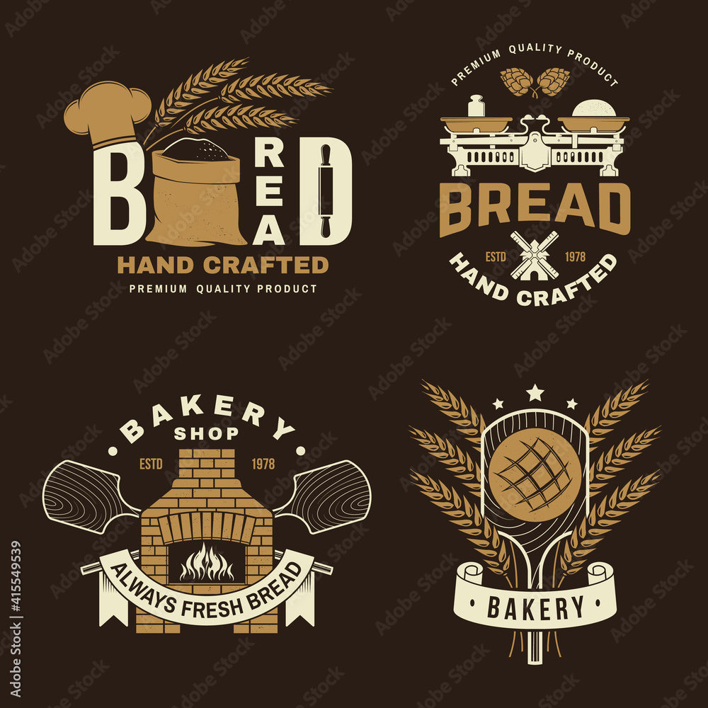 Obraz premium Bakery badge, logo. Vector illustration Typography design with dough, oven, bread shovels, hop and balance scale silhouette. Template for restaurant identity objects, packaging and menu