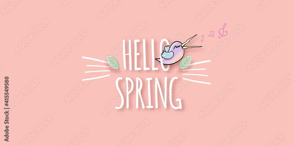 Hello spring label with spring birds and flowers on a soft pastel pink background. Hello spring simple cut paper style illustration design template