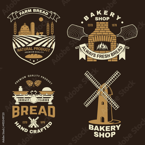 Set of bakery badge, logo. Vector. Typography design with farm, ears of wheat, old oven, windmill silhouette. Template for restaurant identity objects, packaging and menu