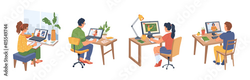 Webinar, students learning online isolated flat cartoon characters. Vector distance or remote education on quarantine, man and woman study and pass exams at home. Video seminars and web tutorial