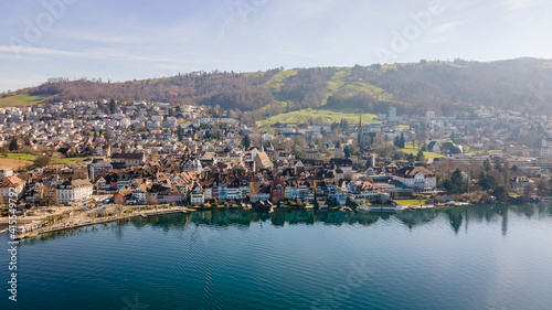 Drone picture of the city of Zug, Switzerland. 