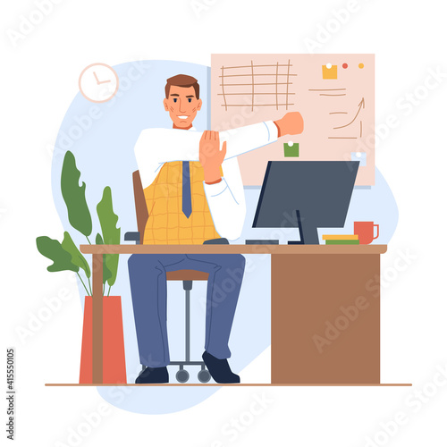 Employee or boss sitting by table with monitor and stretching. Personage reducing muscle soreness and tired feeling, exercises at workplace. Tiring project. Cartoon character, vector in flat style
