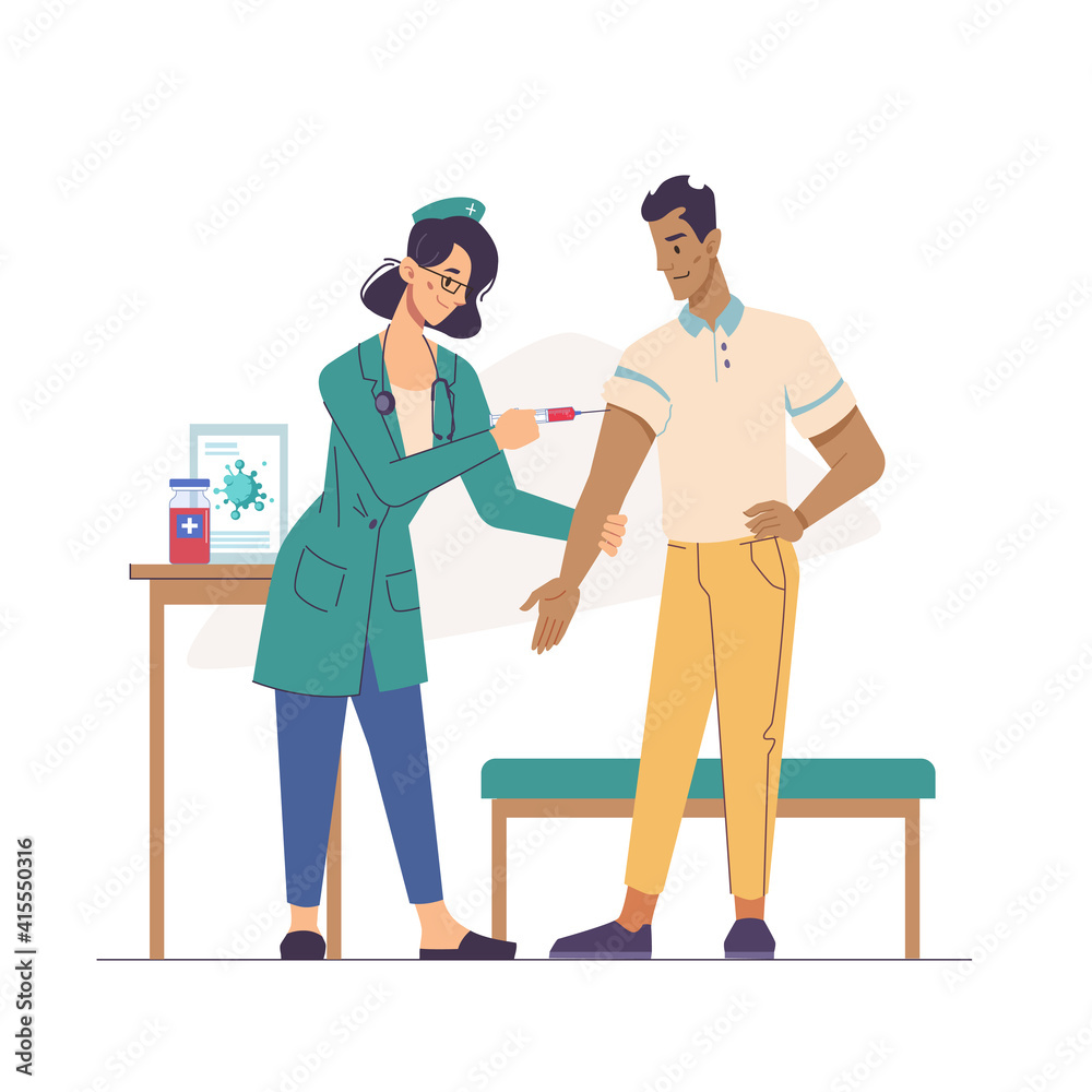 Nurse making injection to adult people, coronavirus prevention, flat cartoon characters. Vector pandemic infection stop, treatment from flu or influenza, healthcare and medicine, immunization concept
