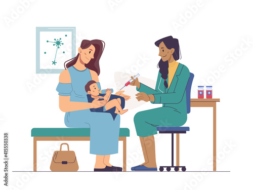 Vaccination in clinic or hospital, newborn baby on mothers knees, immunization to prevent coronavirus. Vector pediatrician vaccinating toddler, syringe injection, immunization medical health care