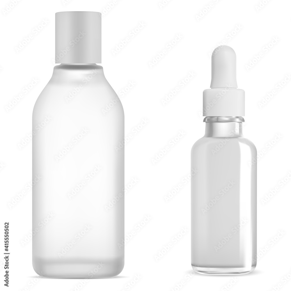 Cosmetic dropper bottle white glass mockup, serum and tonic whater product, isolated on white background. Vector oil drop vial, clear tonic flask. Micellar water container. Skin collagen Cosmetic dropper bottle white glass mockup, serum and tonic whater product, isolated on white background. Vector oil drop vial, clear tonic flask. Micellar water container. Skin collagen