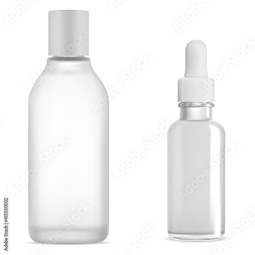 Cosmetic dropper bottle white glass mockup, serum and tonic whater product, isolated on white background. Vector oil drop vial, clear tonic flask. Micellar water container. Skin collagen