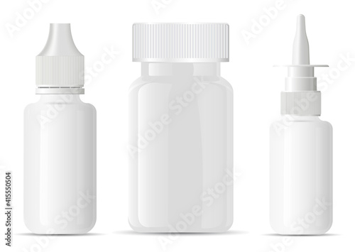 Nasal spray bottle. Pill bottle container blank mockup. Medical aerosol jar, nose sprayer dispenser template. Eye drug dropper mock up, small dose. Empty medicament tablet supplement vitamin