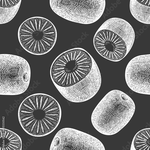 Hand drawn sketch style kiwi seamless pattern. Organic fresh fruit vector illustration on chalk board. Retro kiwi fruit background