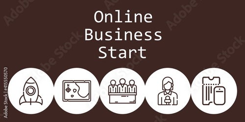 online business start background concept with online business start icons. Icons related candidates, rocket, news reporter, map, boarding pass