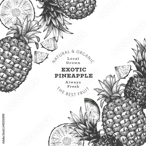 Hand drawn sketch style pineapple banner. Organic fresh fruit vector illustration. Engraved style botanical design template.