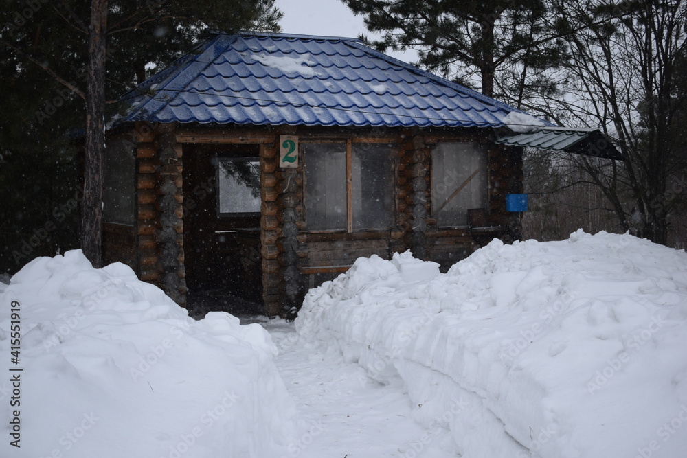 wooden house in the snow