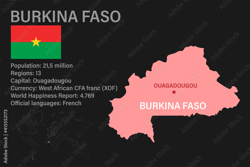 Obraz premium Highly detailed Burkina Faso map with flag, capital and small map of the world