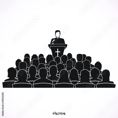 Priest giving speech from tribune. Catholic preacher person. Pastor servant of god in cassock. Vector illustration in flat style
