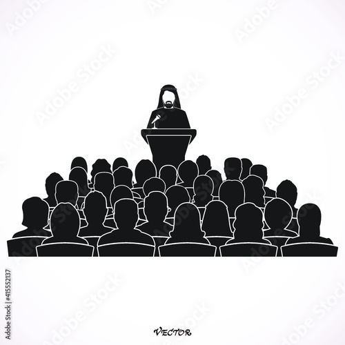 Orator Saudi arab speaking from tribune. public speaker and crowd. vector illustration in flat style. Presenting A Reduction. Speech of Director.