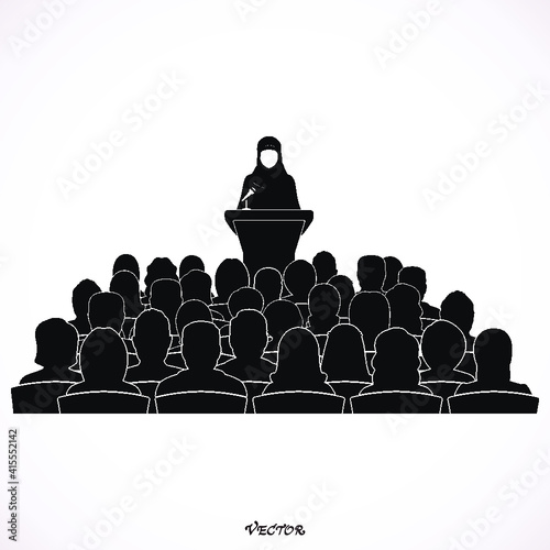 Saudi arab woman vector, talking with microphone in conference. Vector illustration. flat style, black, isolated