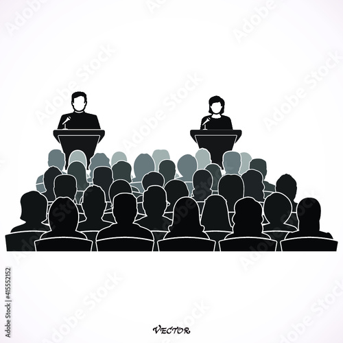 Speaker woman and man at conference and presentation. Audience at the conference hall