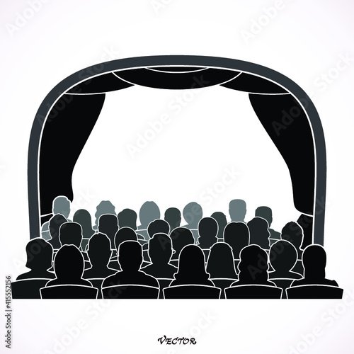 Illustration of theatre with curtains and audience.  Icon Isolated Background