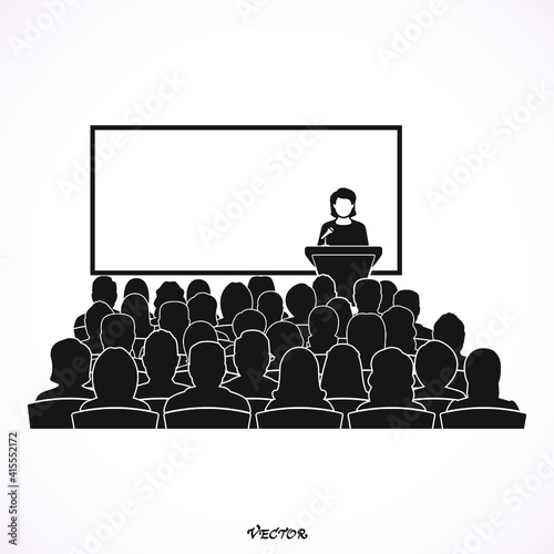 orator woman, speaking from the tribune. public speaker and a crowd, vector illustration in the flat style