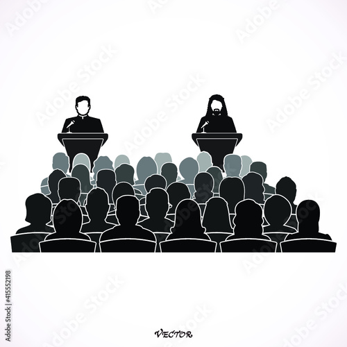priest, mullah, talking with microphone in conference. Vector illustration.