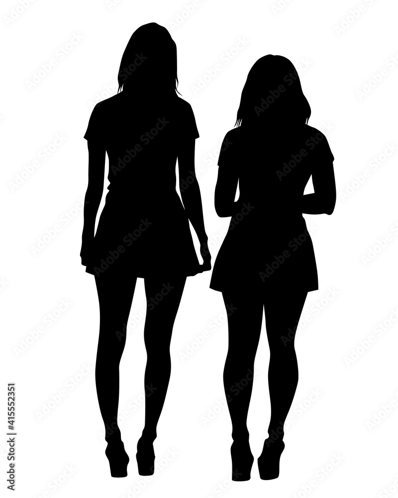 Beauty young girls in dress walking down street. Isolated silhouette on white background Beauty young girls in dress walking down street. Isolated silhouette on white background
