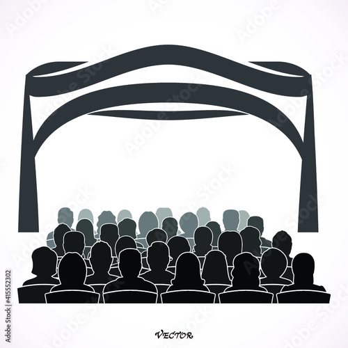 Illustration of theatre with curtains and audience. Icon Isolated Background