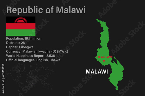 Highly detailed Malawi map with flag  capital and small map of the world