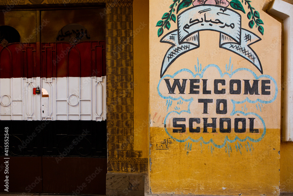 Fototapeta premium Colourful exterior wall of a Nubian house in Egypt. Typical African village houses facade. Medieval street.