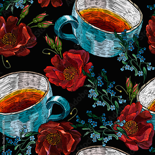 Embroidery cup of tea and meadow herbs and red roses flowerss, seamless pattern. Fashion autumn art. Template of clothes, tapestry, t-shirt design