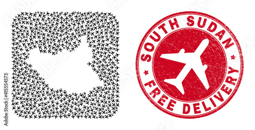 Vector mosaic South Sudan map of aviation items and grunge Free Delivery badge. Mosaic geographic South Sudan map created as subtraction from rounded square with coming out air force symbols.